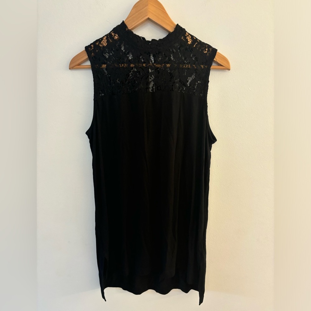 Suzy Shier Black Lace High Neck Button up, Key hole Sleeveless Top, Size Medium